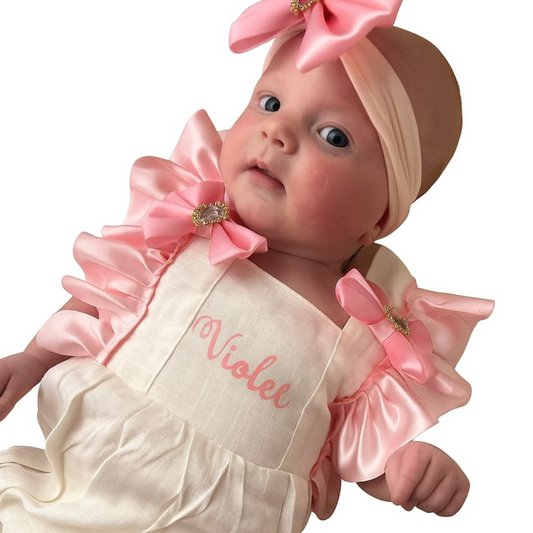 Personalised pink frill bow romper