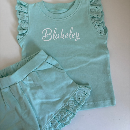 Turquoise frill shorts set